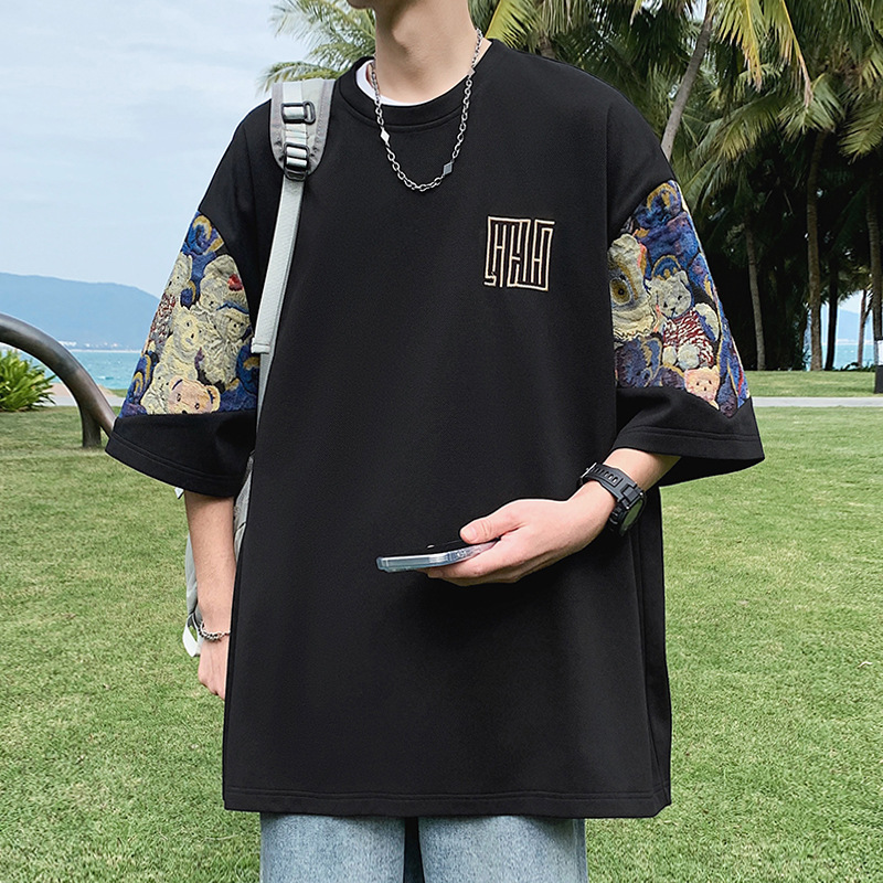 2025 Summer New Loose Large Size Embroidered Bear Patchwork Printed T-Shirt Pineapple Plaid Short-Sleeved T-Shirt