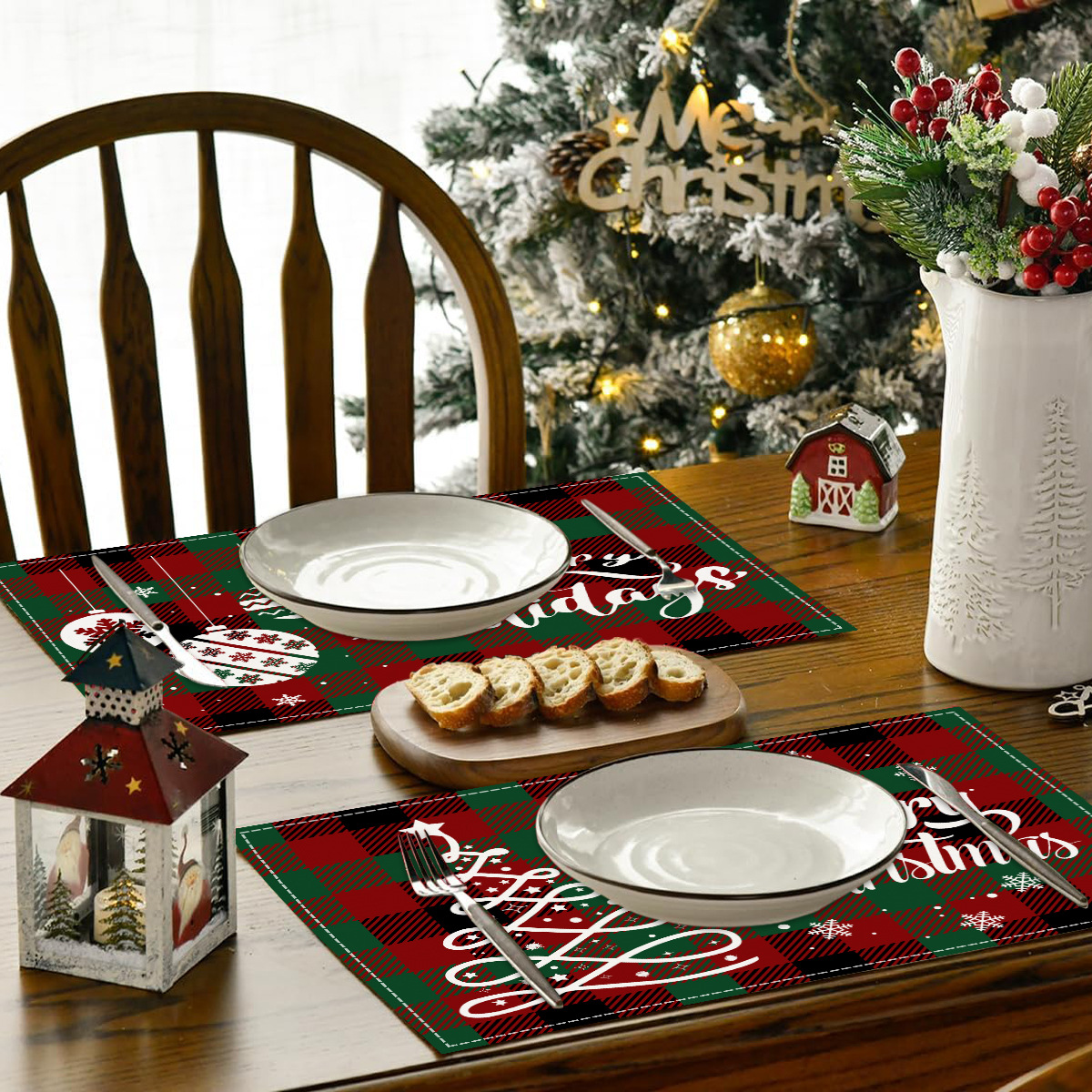 Set de table imprimé lettre Père Noël Noël Set de table en lin blanc pour restaurant de Noël Décoration de table à manger de salon Tapis de table isolant_voghion.com