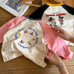 Pure cotton men and women children's T-shirt long-sleeved top 2025 color-blocking Mickey cartoon casual versatile base shirt spring and autumn