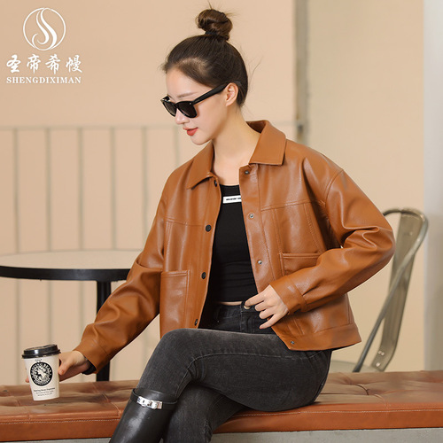 New Spring and Autumn Women's Motorcycle Leather Jacket Spring and Autumn Women's Leather Lapel Button Slim Korean Style Jacket Wholesale