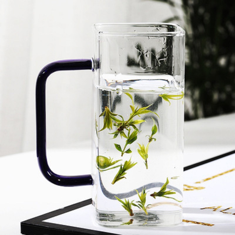 Color cuadrado mango vidrio ins estilo cuadrado taza de té verde con mango taza de desayuno resistente a altas temperaturas creativo café taza de leche