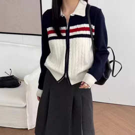 欧洲站新款翻领条纹撞色双拉链100%羊毛针织开衫毛衣小个子外套潮