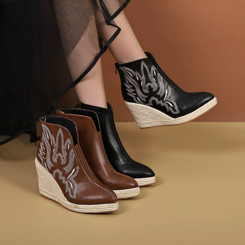 Трансграничная Внешняя торговля Amazon, сапоги на танкетке, остроносые сапоги на высоком каблуке на толстой подошве, нитки для вышивания, пеньковая веревка из соломы, низ AliExpress