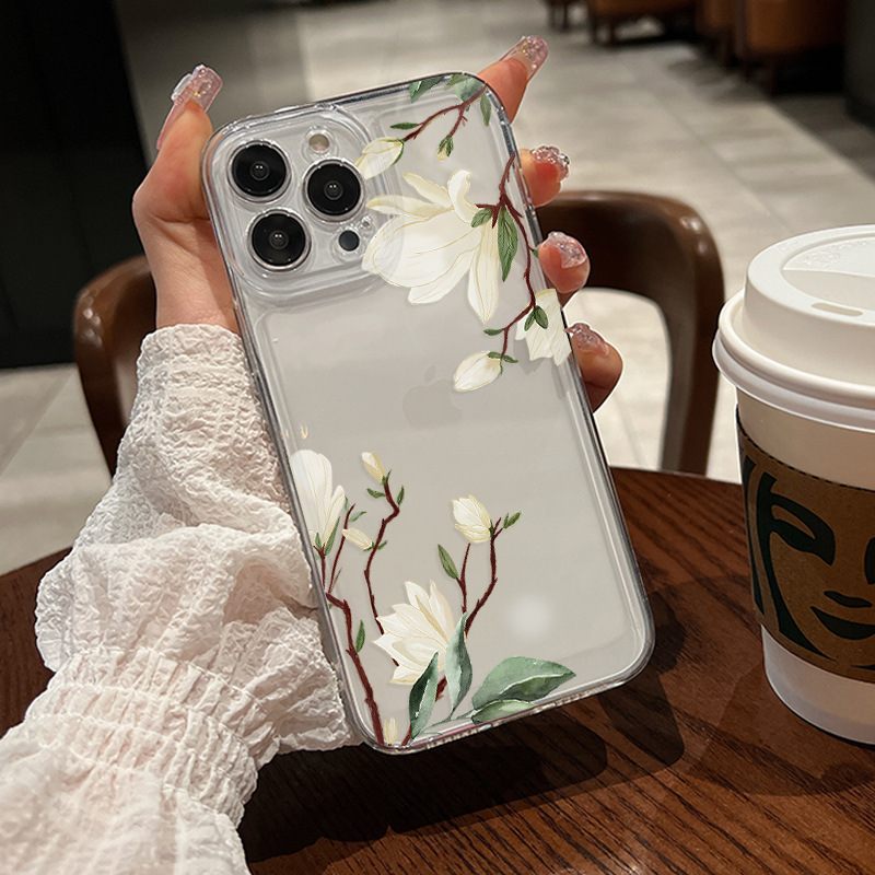Wholesale Phone Cases, Elegant Magnolia Flower Design, Apple 17 Pro Designer Transparent Case, iPhone 15 Pure and Soft Style