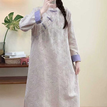 2025秋款纯色棉麻提花国风长裙中式文艺立领旗袍款女士连衣裙