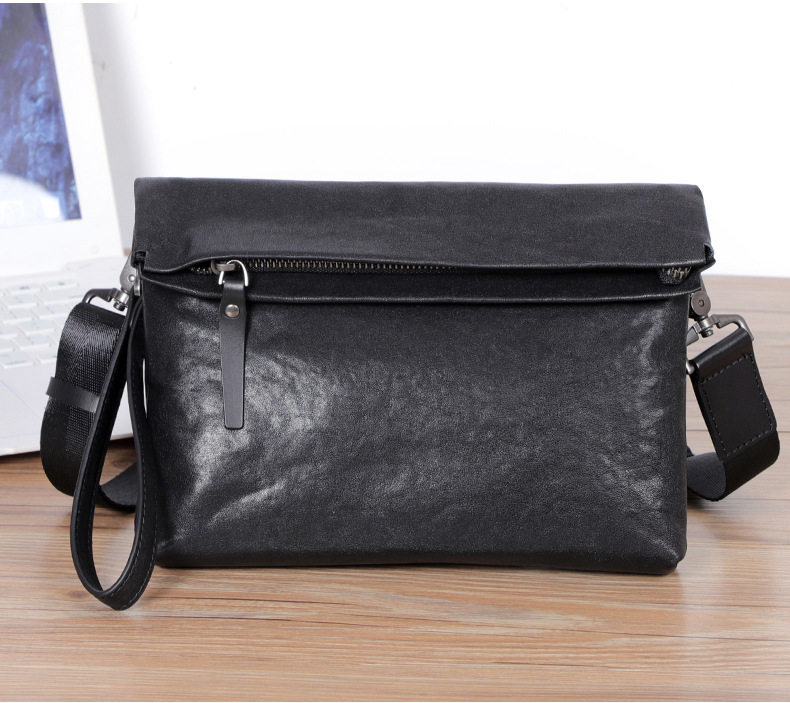 Túi đeo chéo nam da bò thuộc da thật kiểu thể thao, túi cầm tay nhỏ gọn 29×11×17 cm — Màu đen chi tiết 20