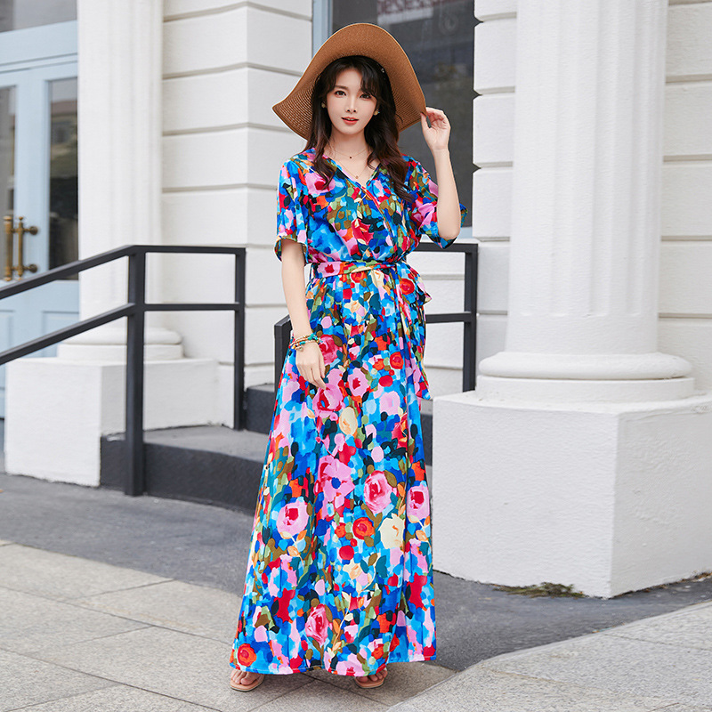 Summer New Style French Seaside Vacation Dress Elegant Cross-Border Short-Sleeved Photo Long Skirt Abstract Rose Summer New Style French Seaside Vacation Dress Elegant Cross-Border Short-Sleeved Photo Long Skirt Abstract Rose