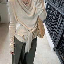 韩系设计感荡领腰带针织衫女早秋新款收腰褶皱内搭长袖绑带上衣潮