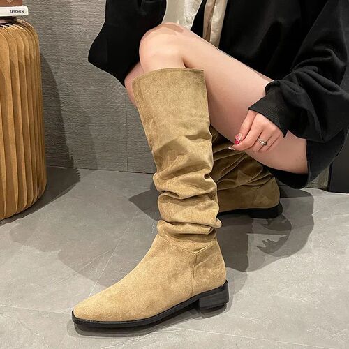 Women's Vintage Faux Leather Rough Heel Ankle Boots with Folded Crepe Tops in Brown
