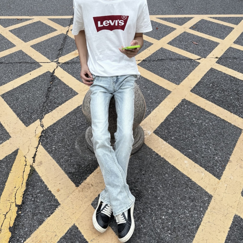 American Style 517 Marble Ice Blue High Stretch Flared Jeans Straight Slim Fit Cleanfit Pants for Men