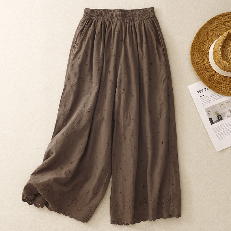 文艺松紧腰全棉镂空刺绣阔腿裤女夏季宽松休闲裙裤遮肉显瘦七分裤