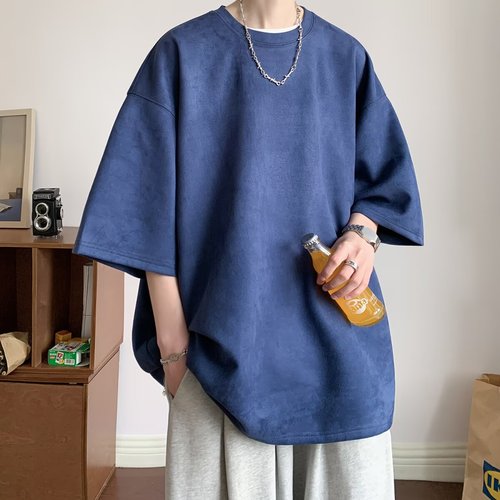 Simple Color Korean Cowhide Fleece Round Neck Short Sleeve T-Shirt Summer New Men and Women's Large Size Loose Matchy Top
