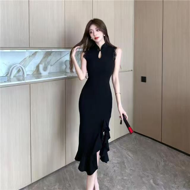 Sexy hip waist modified cheongsam split mid-length ruffled retro high-end sleeveless dress spring and summer Sexy hip waist modified cheongsam split mid-length ruffled retro high-end sleeveless dress spring and summer