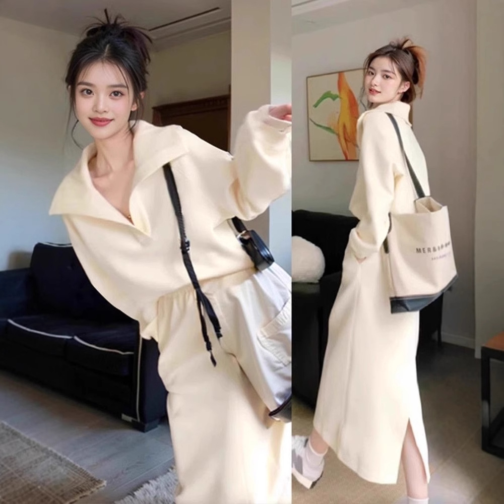 Tweed Style Casual Sports Sweatshirt Pure Color Splicing Lazy High-End Elegant Salt Style Light Mature Skirt Two-Piece Set