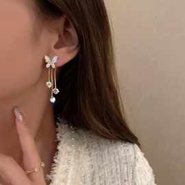 B293新款镶钻蝴蝶耳钉日韩轻奢两戴满钻流苏耳环耳饰女S925