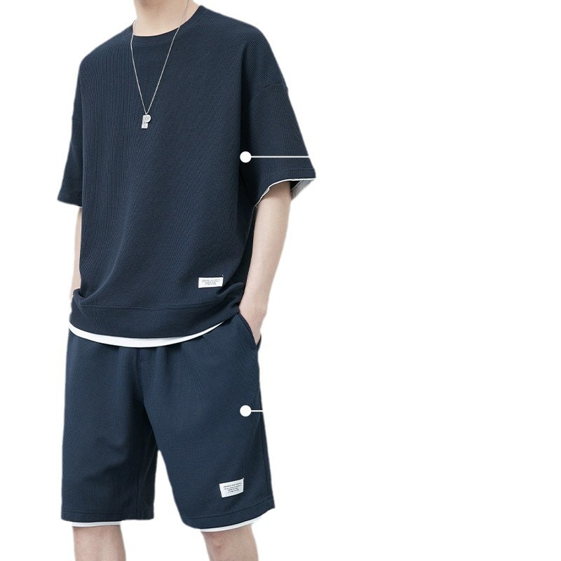 (2개) 와플 여름 세트 남성 캐주얼 스포츠 느슨한 반팔 티셔츠 남성용 잘 생긴 유행의 최고 반바지 세트