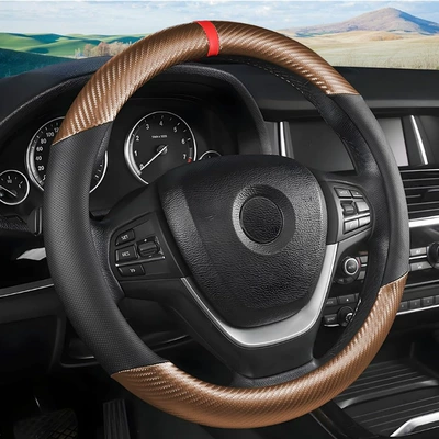 Leather Handle Cover Four-Season Universal – Steering wheel cover - spliced-carbon-fiber-black-coffee-color-o-type-38cm