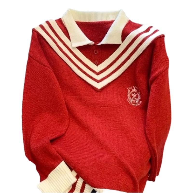 Estilo preppy rayas falso suéter de dos piezas para las mujeres primavera y otoño nuevo cuello de polo suelto dulce JK