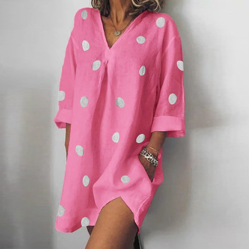 Women's V-neck double pocket large size print casual beach dress