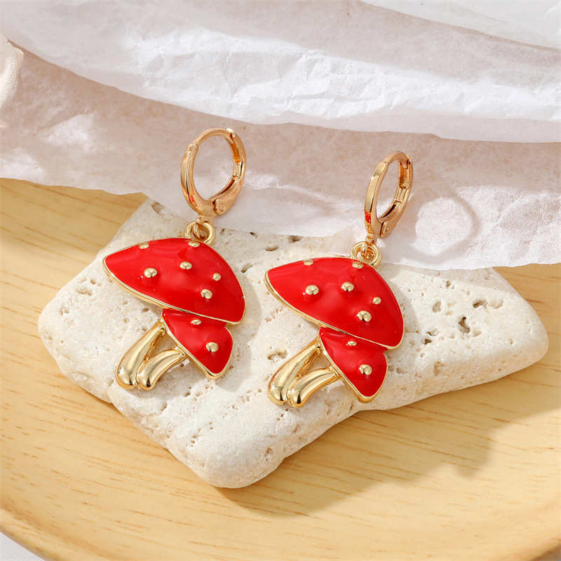 cute metal dripping oil pearl contrast color red mushroom earringspicture4