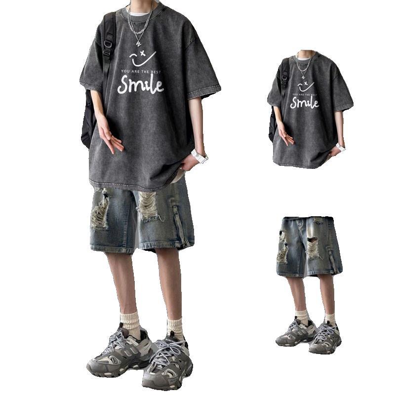 Summer Short-sleeved suit Boys Instagram Popular Brand American Retro Pure Cotton T-shirt with High Street Denim Shorts Two-piece Set