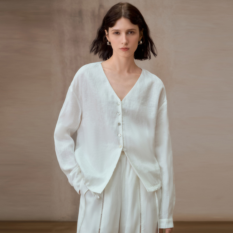 Pure Linen V-Neck Relaxed High-End Shirt 2026 Spring New Style Loose Fit Versatile Lazy Long-Sleeve Top