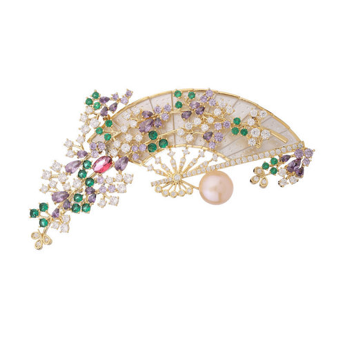 Elegant retro Chinese fan corsage coat cheongsam accessories set with zircon freshwater pearl fan brooch