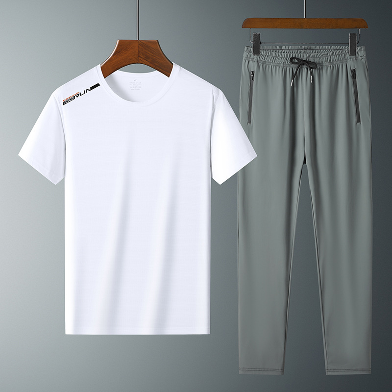 Moda pantalones de seda de hielo cuello redondo Camiseta de dos piezas para hombres talla grande suelta de secado rápido traje deportivo LOGO se puede formular