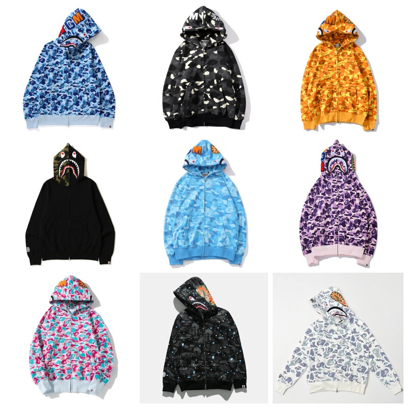 Cross-Border Japanese Trendy Brand Bape Shark Head Camouflage Luminous Cardigan Zipper Men's and Women's Pure Cotton Hooded Sweatshirt Jacket