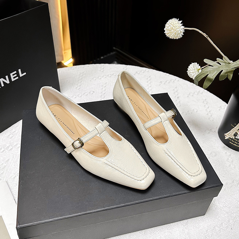 291-6 All-match Shallow Mouth Shoes Women's Spring New Small Square Head Flat Foot-free Soft Leather Women's Shoes