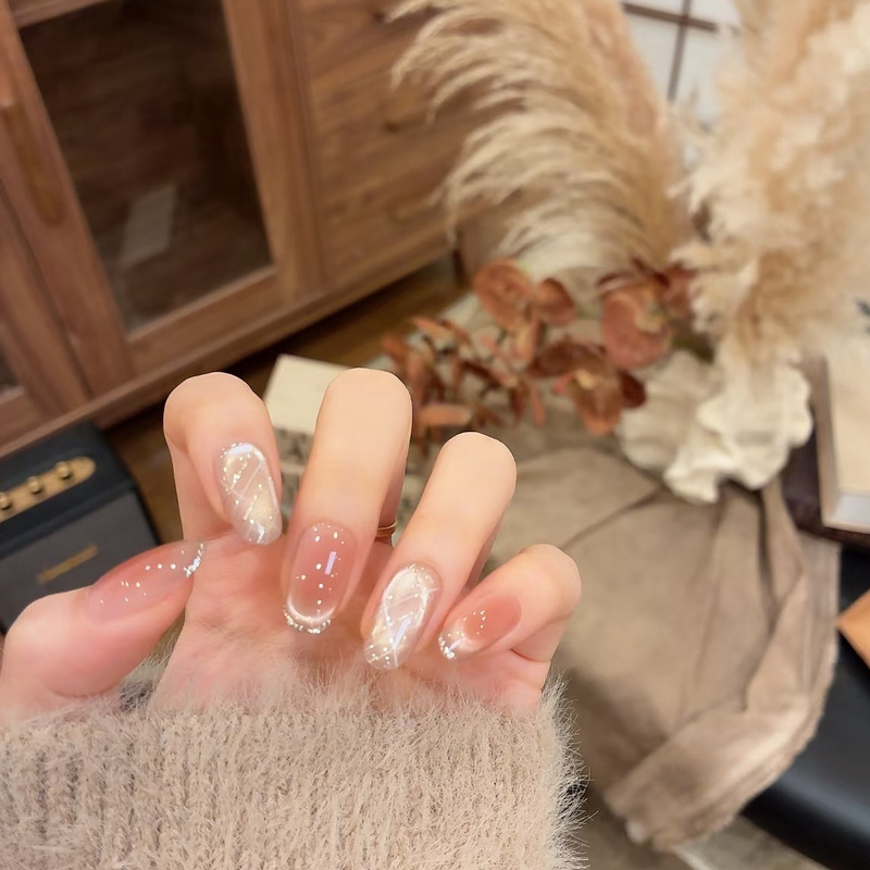 【Minimalism】Nude Blush Cat-Eye French Style Versatile Handmade Wearable Nails J54 Model with Box and Tool Kit