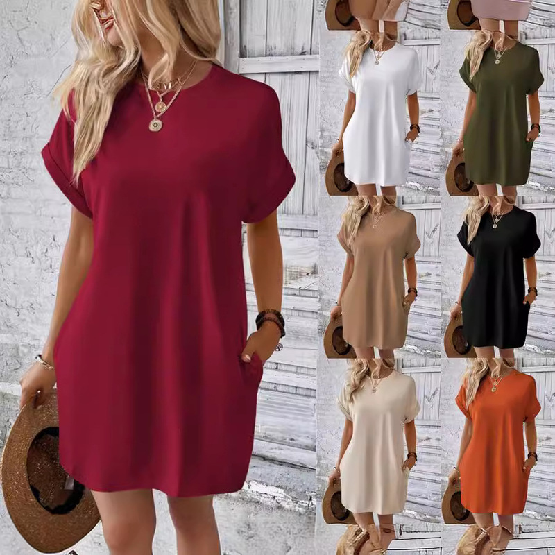 Amazon 2024 European and American New Casual Solid Color Crewneck Bat Sleeve Invisible Pocket dress