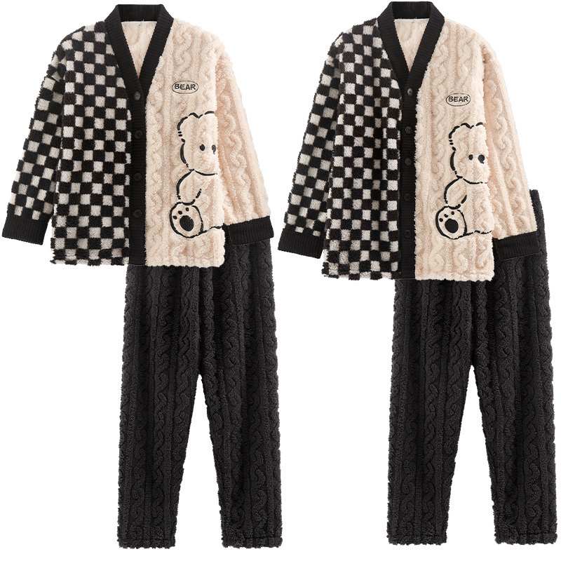 (2개) 커플 파자마 겨울 산호 털 가을 겨울 두꺼워진 한 남자 한 여자 플러스 털 따뜻한 플란넬 홈 옷 정장