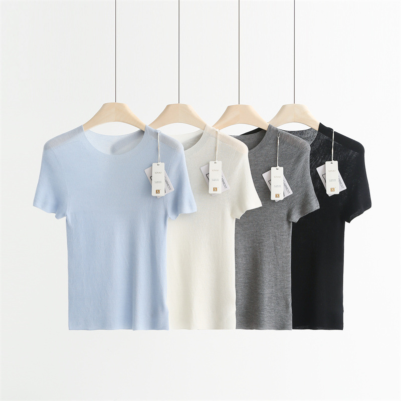 Mulberry Silk Cashmere Island Silk 16-Gauge Seamless Round Neck Short-Sleeve Knit Top for Women, Summer Thin Style, High-End Feel T-Shirt F63001