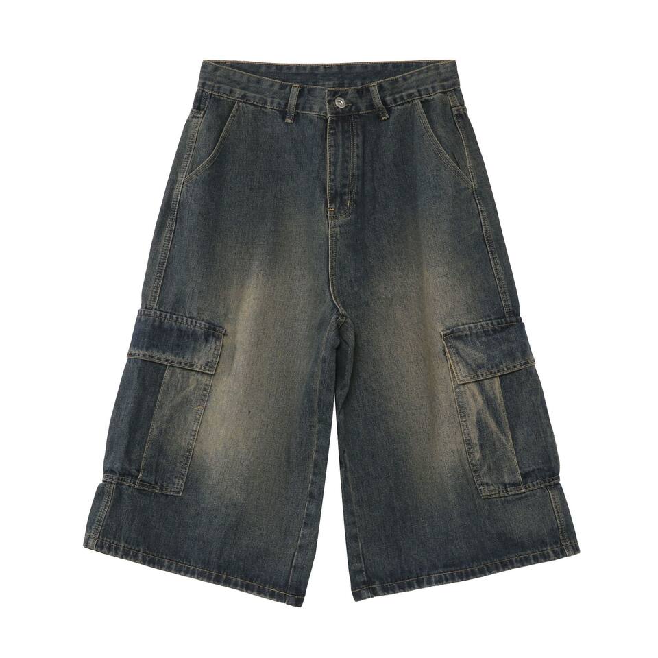 Quần short jean nam ống rộng nhiều túi phong cách hip-hop đường phố, quần lửng mùa hè — Màu xanh lam, Xanh lam làm cũ, Xanh lam nhạt