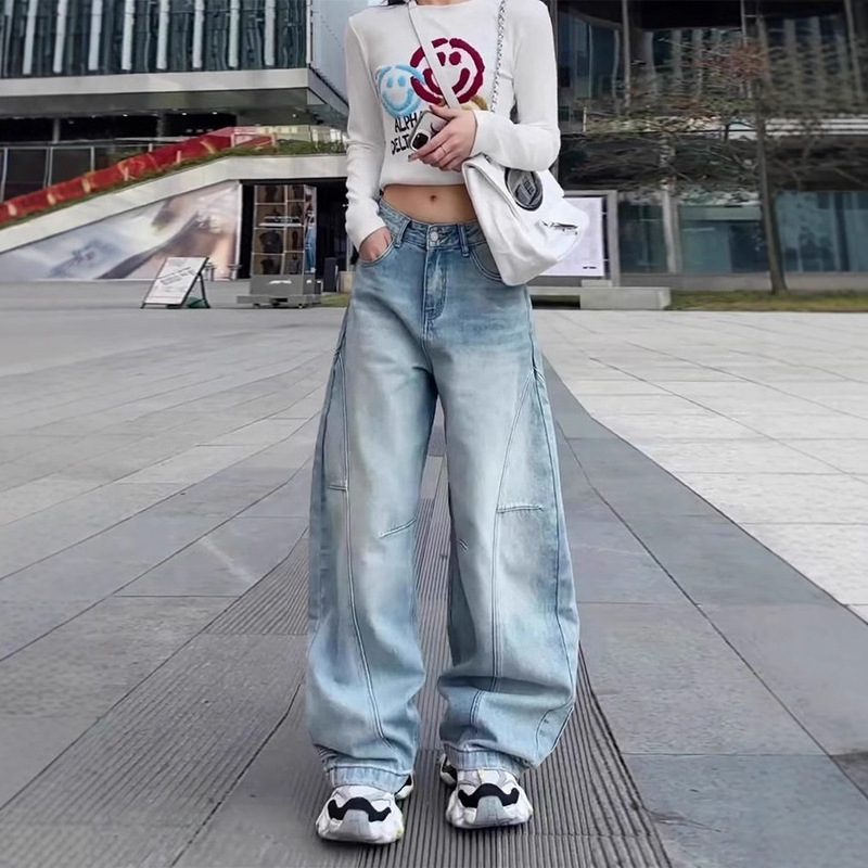 レトロな水色のストレートカーブデニムパンツ レディース 2025年新作 ローウエスト 梨型体型向け ゆったりワイドレッグデニムパンツ|undefined