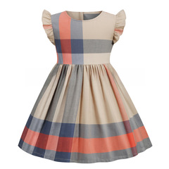 【常年供貨】2024春夏新款圓領小飛袖純棉連衣裙女童短袖格子裙