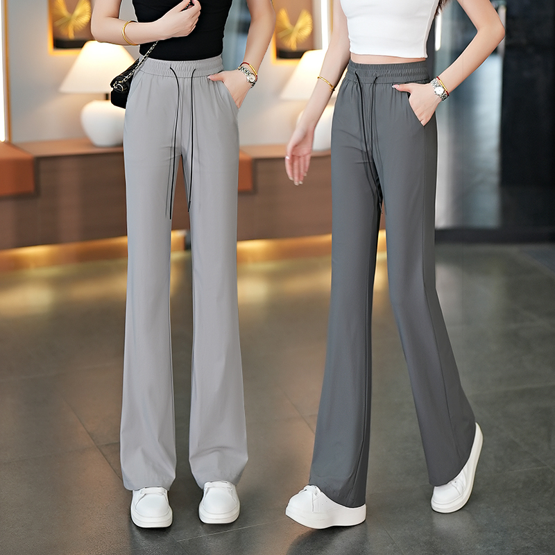 Ice Silk Bootcut Pants for Women Summer 2025 New Elastic Waist Slimming Look Straight Sports Casual Horseshoe Flared Pants