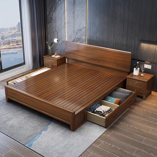 Chinese style walnut solid wood bed bedroom 1.5m 1.8m double bed factory direct sale minimalist high box storage wedding bed