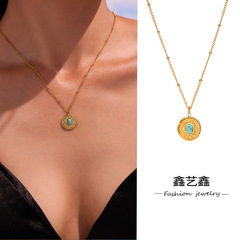 鑫芸鑫insフランス式新型カット面天然石円牌ペンダント鎖骨ネックレスステンレス18k金メッキアクセサリー