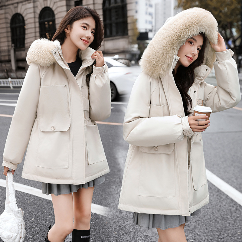 Trajes de mujer transfronterizos de terciopelo grueso para superar el estilo de invierno de 2025 nuevo estilo de cuello de cabello grande delgado abrigo de algodón delgado image 3