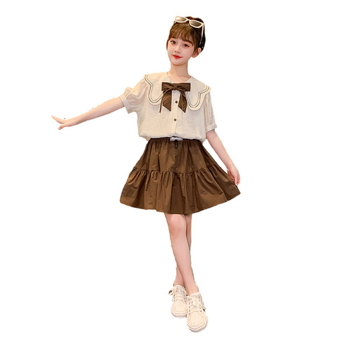 Girls' Summer 2024 Fashion Trendy Short Skirt Set with Two Pieces for Older Children - School Style