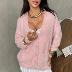 亚马逊女装毛衣慵懒风仿水貂毛绒外套宽松开衫欧美跨境女式开衫