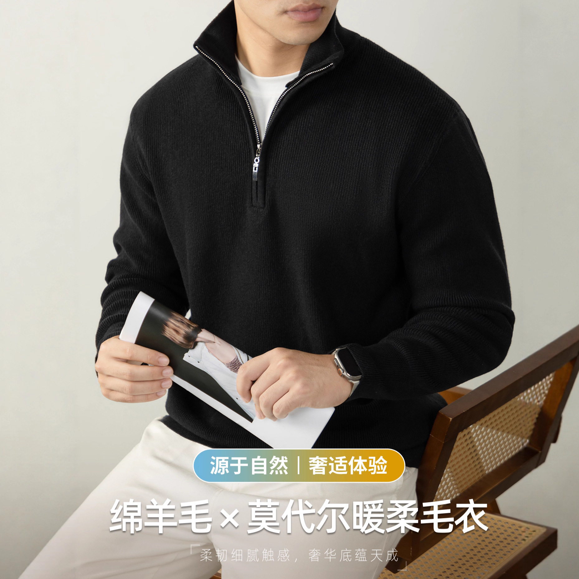 High-End Sheep Wool Modal Knitwear Men's Light Business Stand-Up Collar Zipper Winter Warm Pure Color Skin-Friendly Knitwear