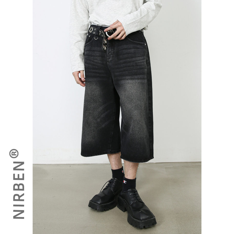 Quần jean nam ống rộng lửng 7/10 phong cách Hàn, lưng cao thoải mái — Làm cũ, Màu trắng, Màu xanh denim thô, Màu đen thô