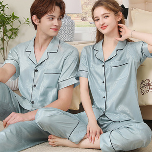 2025 Spring New Arrival Pajamas for Women and Men New Arrival Silk Couple Pajamas Ice Silk Home Clothes Long Sleeve plus size suit