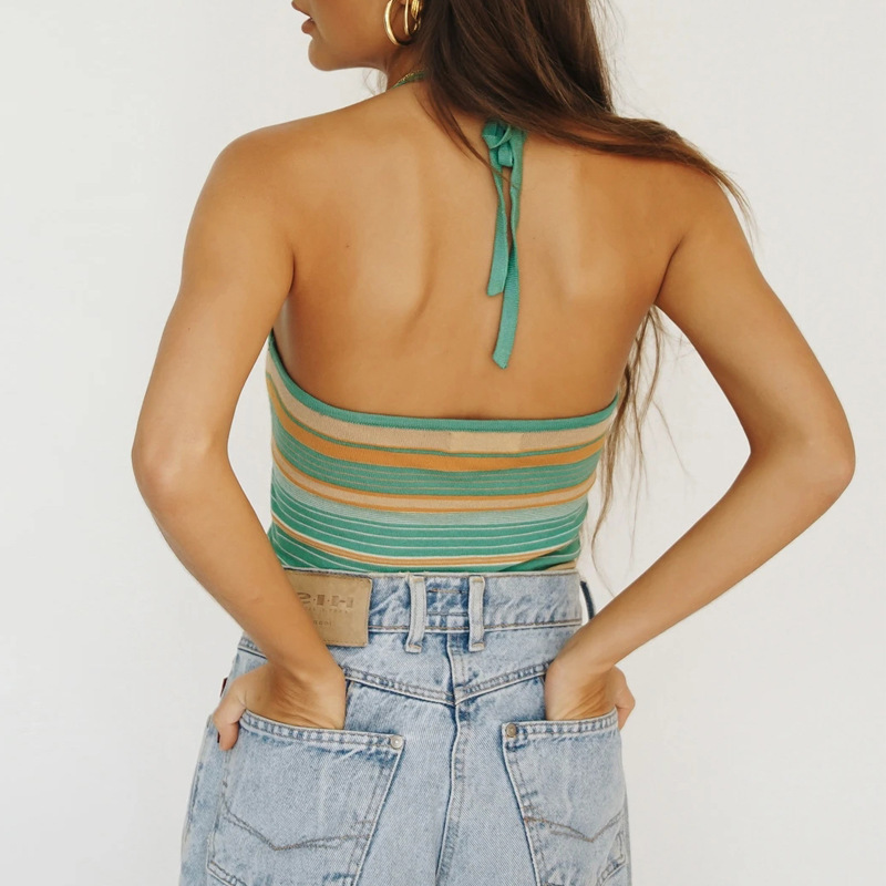 Women Clothing Knitted Slit Sexy Dress Lace up Halterneck Striped Top