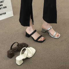 French fairy style silver one-line high-heeled sandals for women 2024 summer square toe thick heel Roman open toe sandals