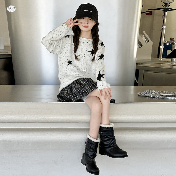女童秋装星星毛衣2025中大童彩点针织衫儿童装早秋长袖百褶裙套装|undefined