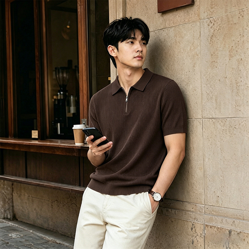 Light Luxury Men's Knit Polo Shirt, Men's Summer Solid Color Short-Sleeve T-Shirt, Old Money Style High-End Casual Top